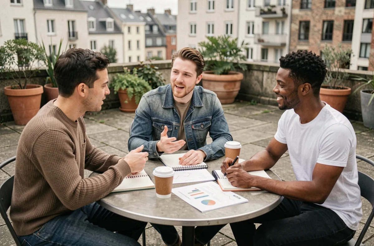 Groupe de jeunes professionnels brainstormant autour d'un projet de business de niche en terrasse urbaine