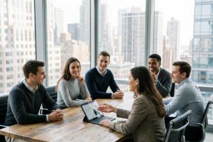 Groupe de jeunes professionnels en réunion dans un bureau lumineux