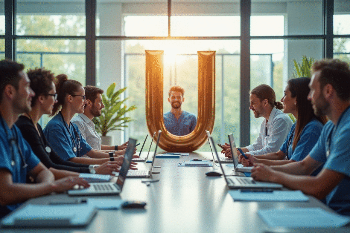 Groupe de professionnels autour d'une table avec outils liés aux carrières U