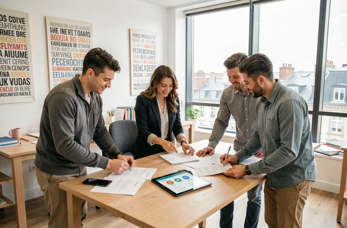 Groupe de professionnels internationaux discutant d'opportunités d'emploi multilingues autour d'une table de réunion dans un bureau européen