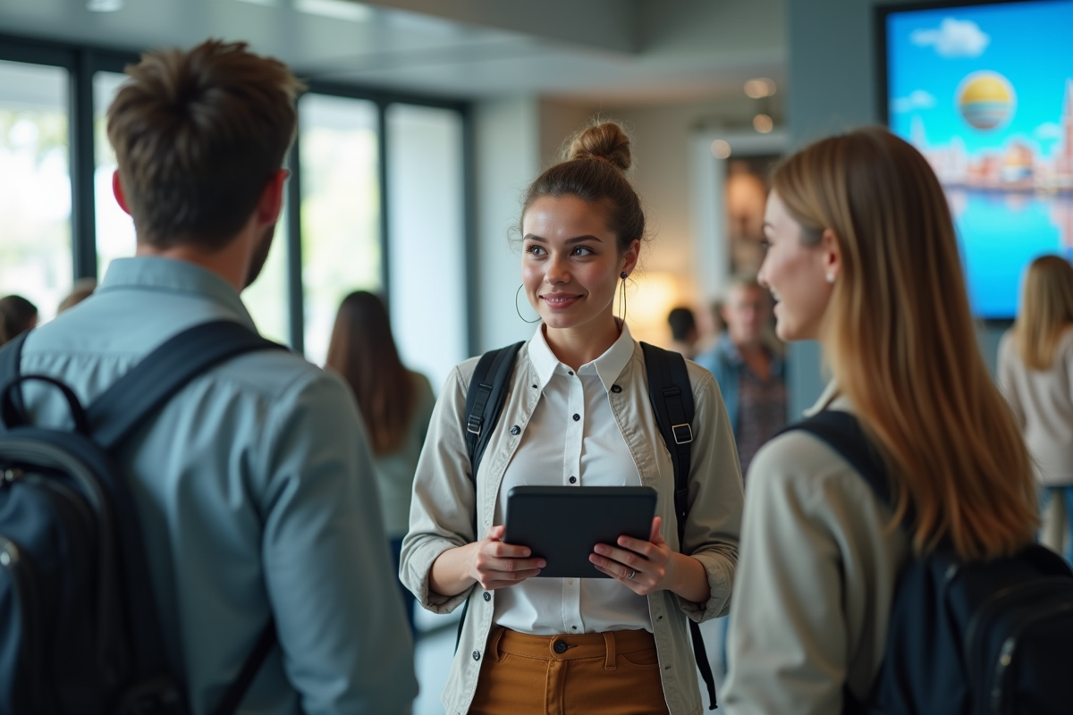 Stagiaire confiant guidant des touristes dans un hall moderne