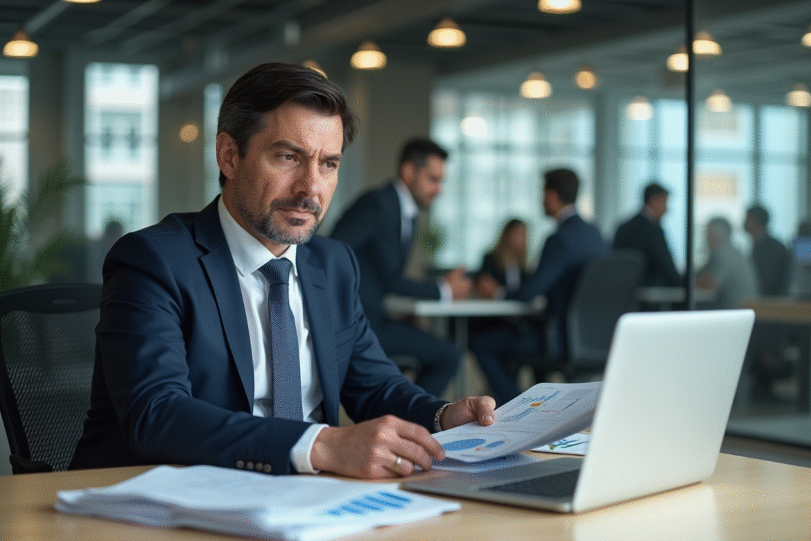 Homme d'affaires en costume analyse des rapports financiers