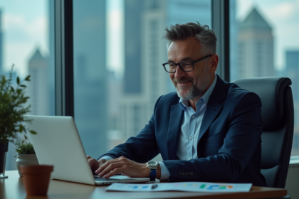 Homme d'affaires en costume bleu analysant des graphiques