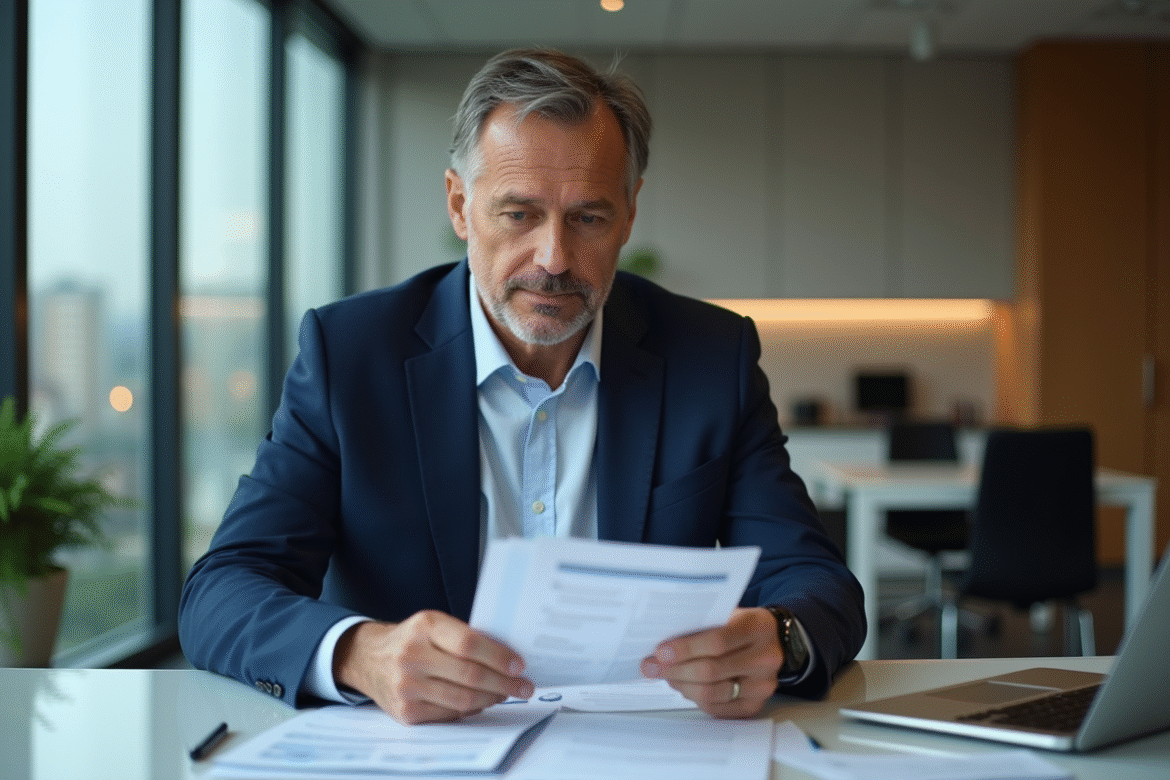 Homme d'affaires en costume bleu dans un bureau moderne
