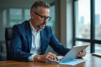 Homme d'affaires en costume bleu regardant des graphiques