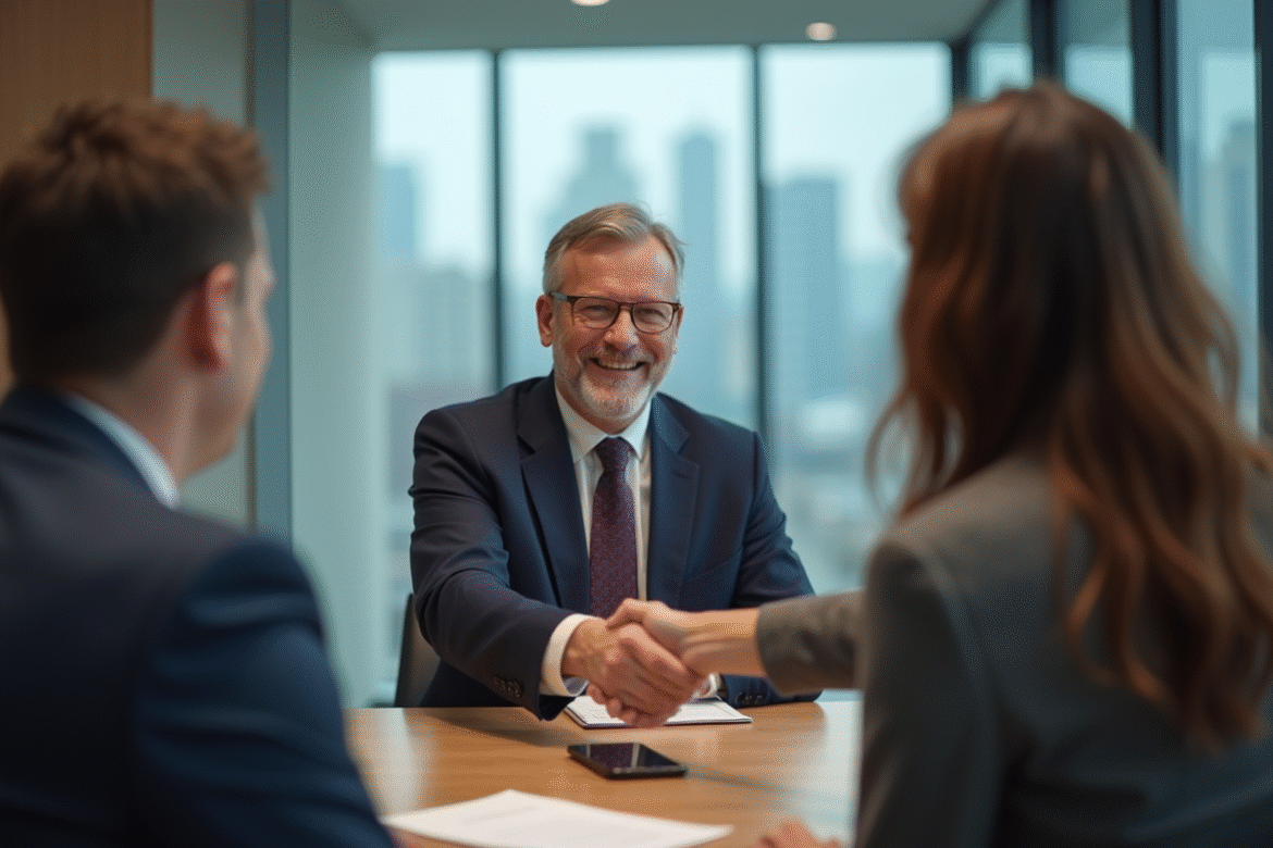 Homme d'affaires en costume serrant la main d'une cliente