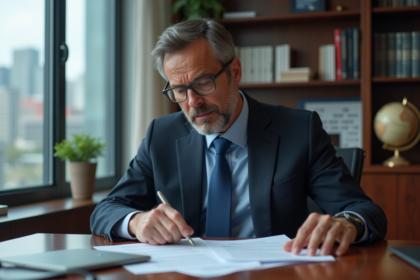 Homme d'affaires en costume noir examine des documents d'accords commerciaux