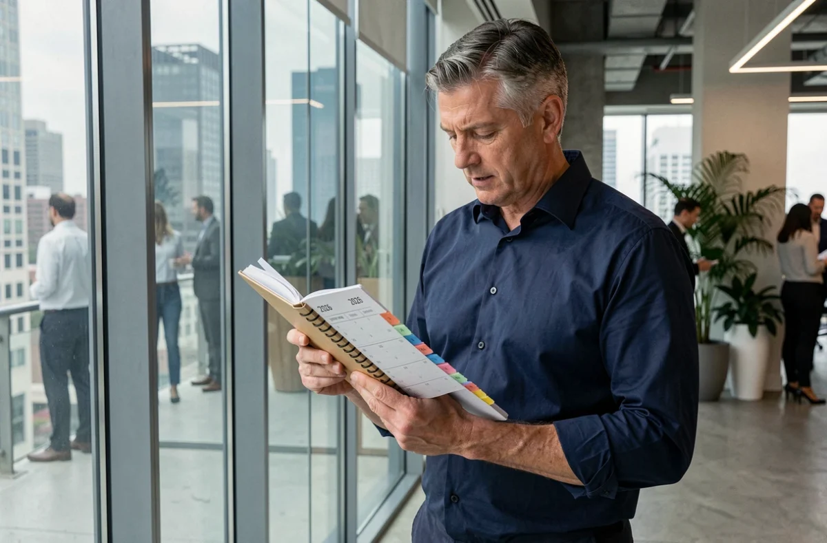 Homme en chemise marine consultant un agenda 2026 dans un bureau d'entreprise contemporain