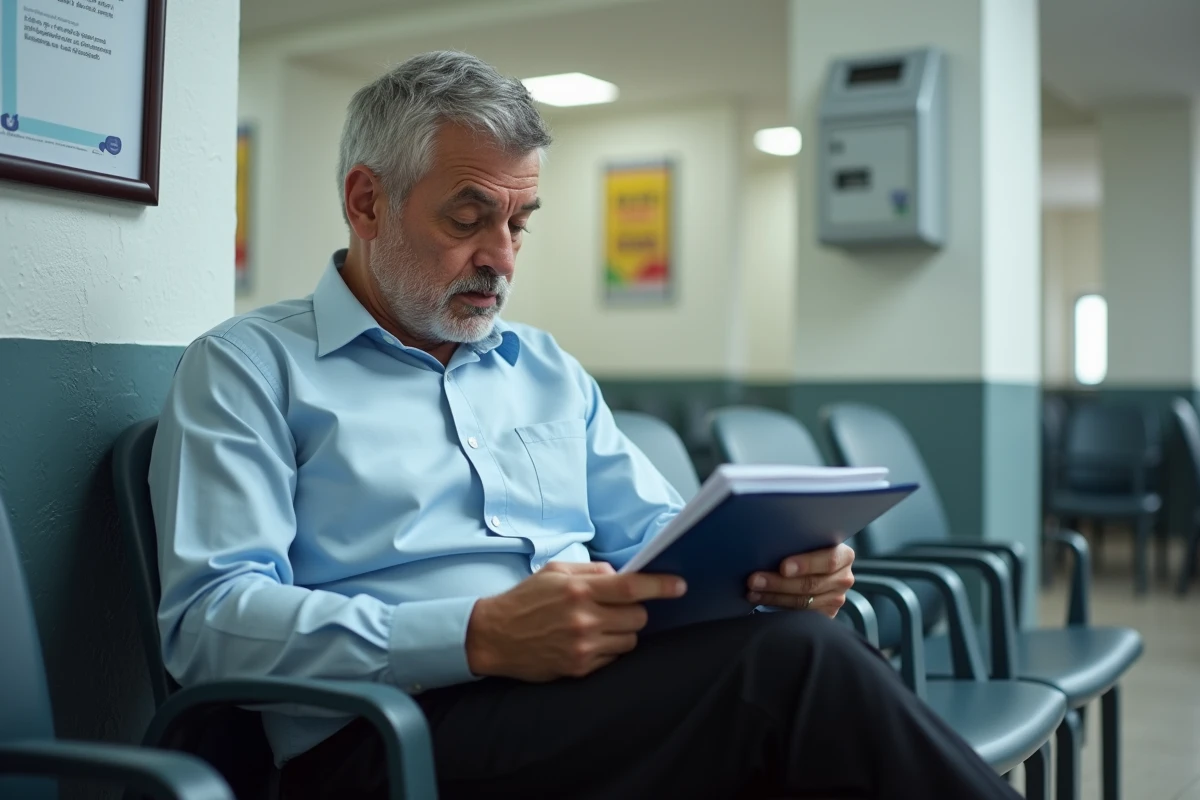 Homme en attente dans un espace administratif avec documents