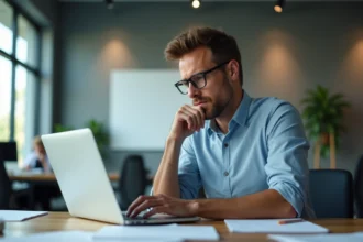 Homme concentré au bureau avec ordinateur portable
