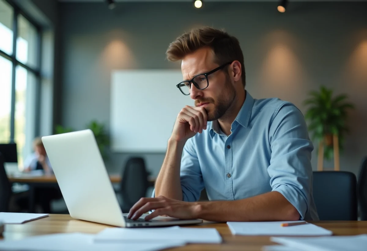 Homme concentré au bureau avec ordinateur portable