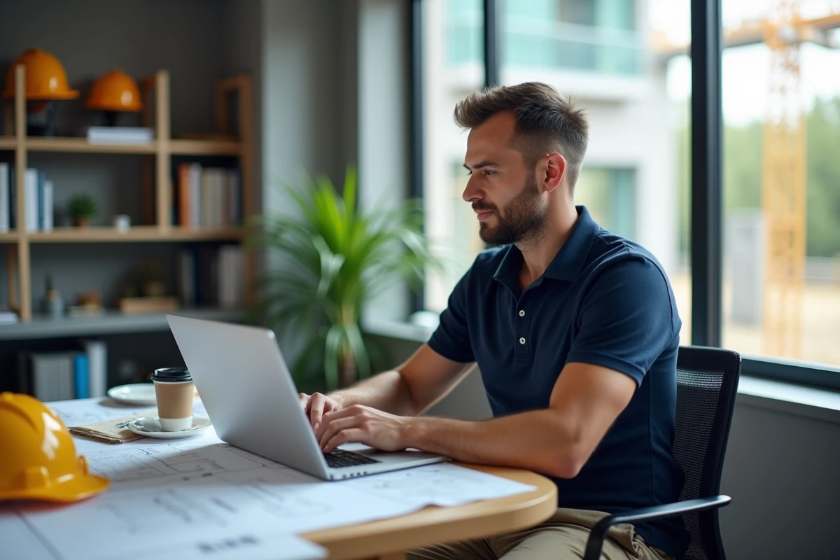Homme au bureau moderne consulte BatiActu fr