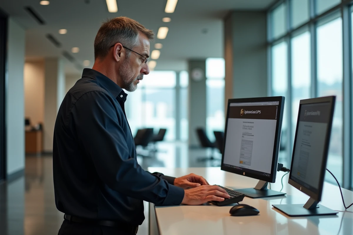 Homme en bureau contactant le service client UPS pour un colis bloqué