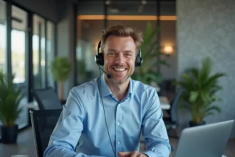 Homme d'affaires au bureau avec casque et ambiance moderne