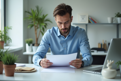 Homme de bureau en chemise bleue examine des documents