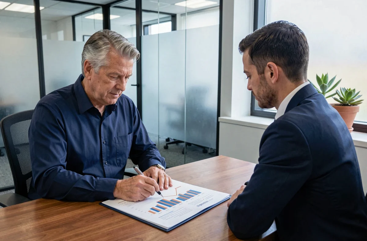 Homme senior consultant un conseiller financier pour comprendre ses supports de placement ESALIA