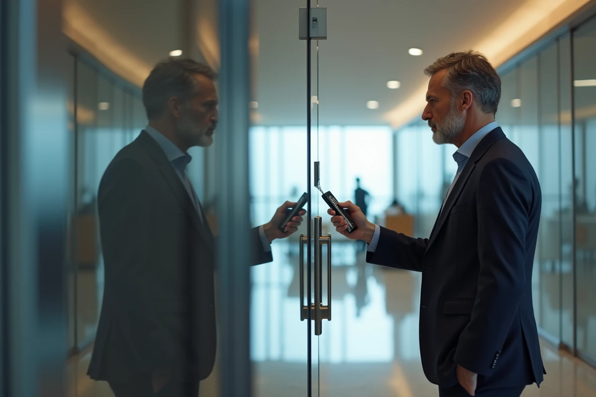 Homme en costume utilisant un badge d accès dans un couloir d entreprise