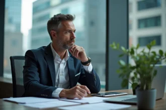 Homme d'affaires réfléchi dans un bureau moderne avec documents