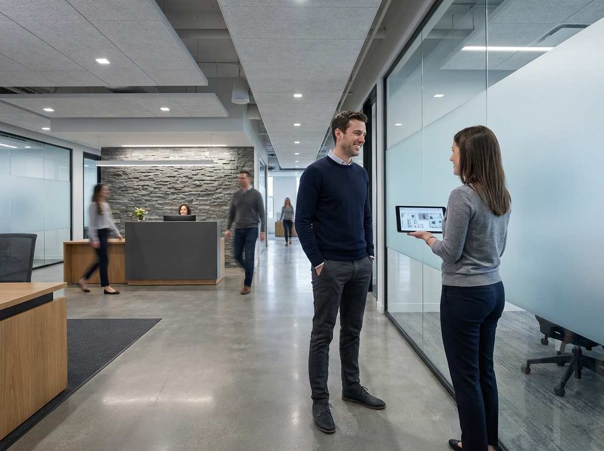 Homme discutant des options d'espace de travail flexible avec un gestionnaire dans un bureau moderne