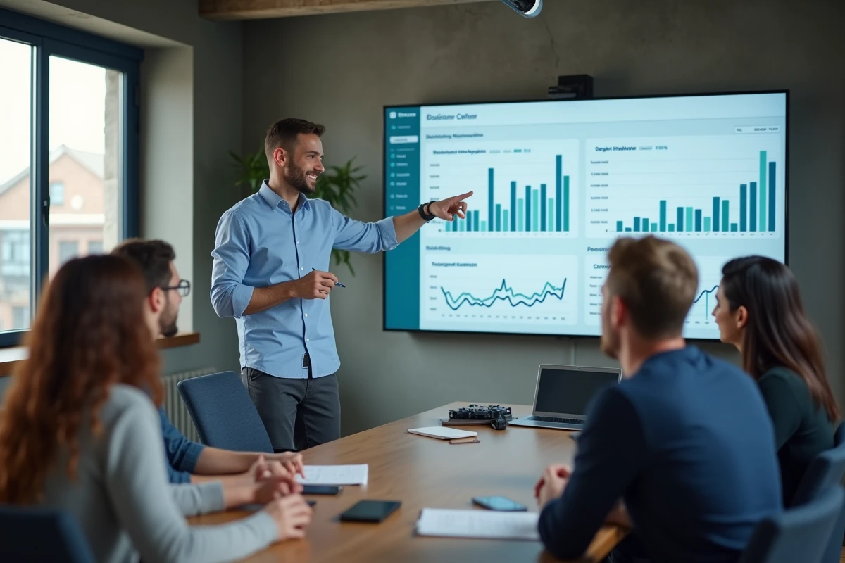 Homme expliquant un tableau financier SaaS à ses collègues
