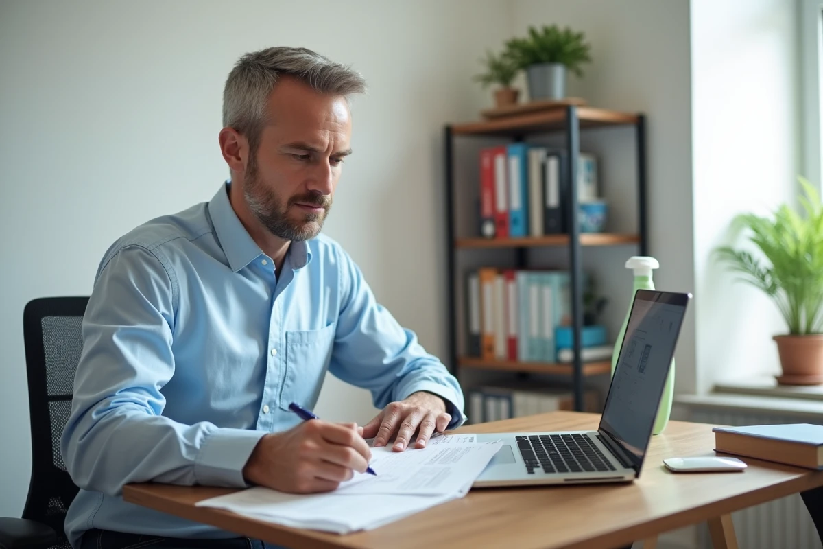 Homme remplissant un formulaire de changement d'adresse postale dans un bureau à domicile