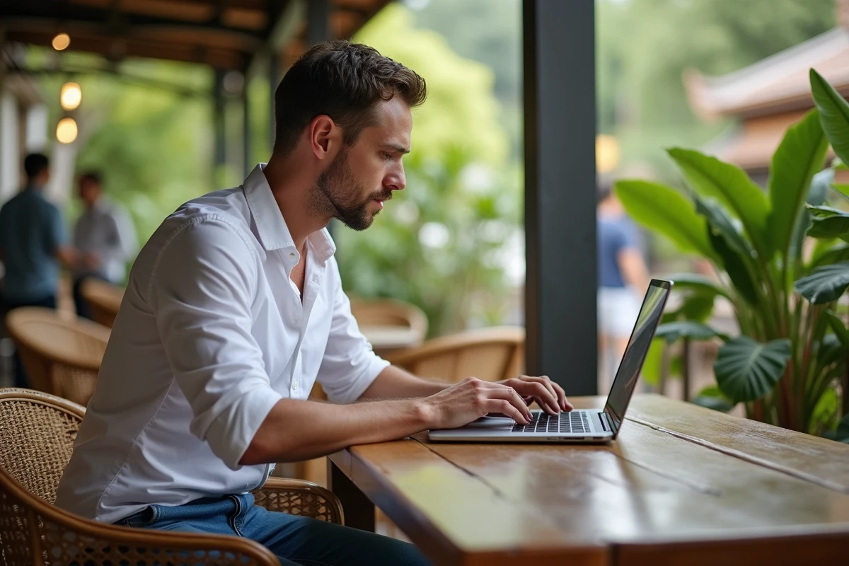 Homme français travaillant sur un ordinateur dans un café à Chiang Mai