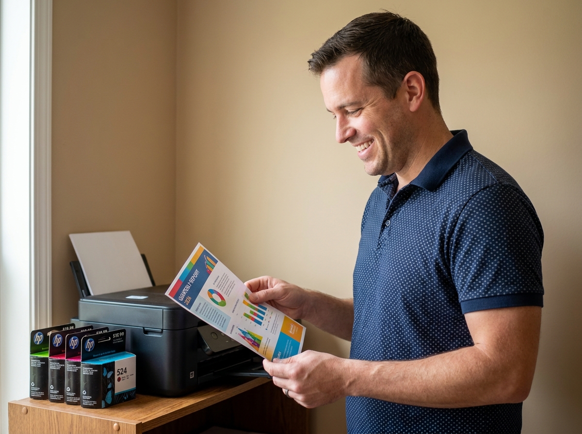 Homme tenant une impression réussie devant son imprimante après avoir acheté des cartouches d'encre pas chères en ligne