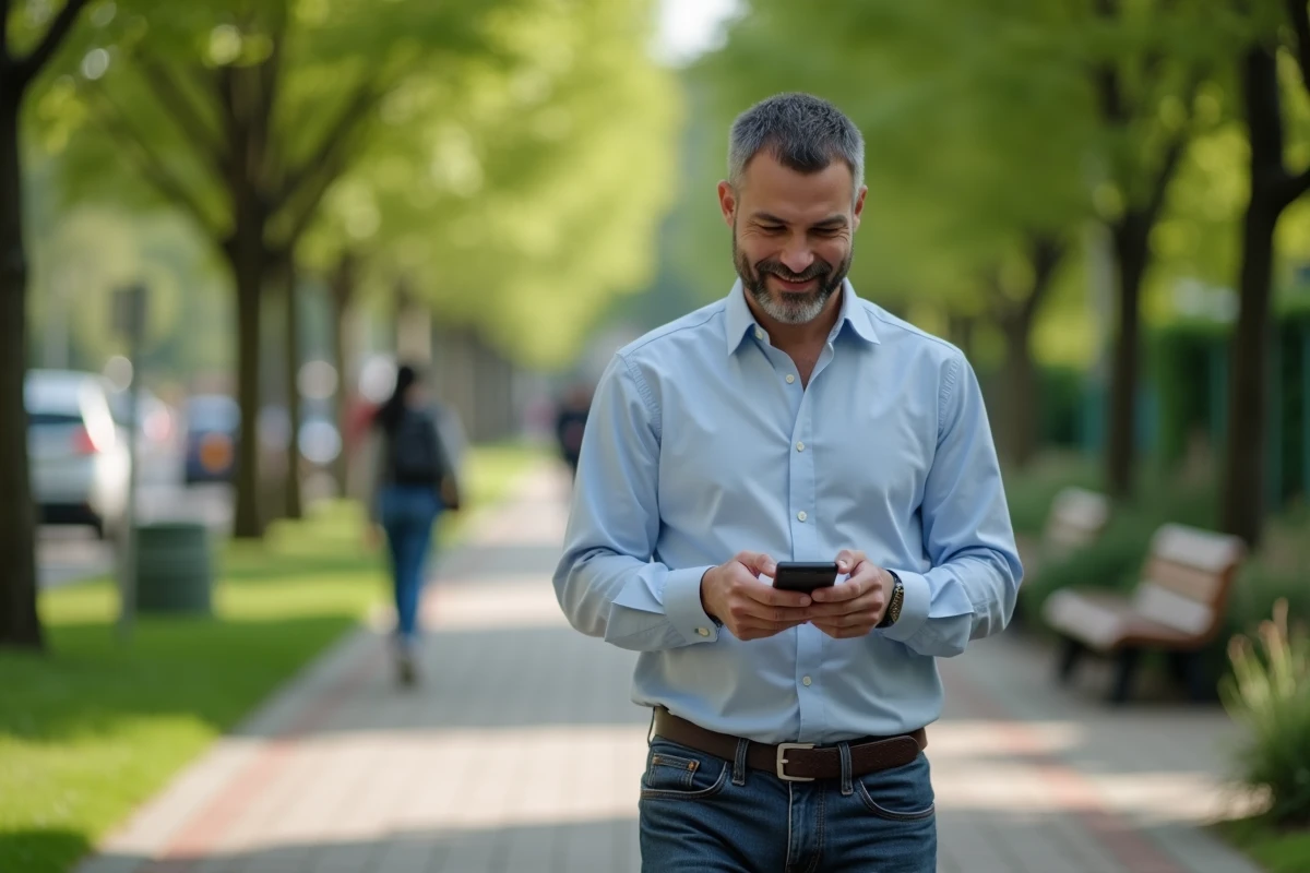 Homme marche dans un parc urbain consulte son calendrier