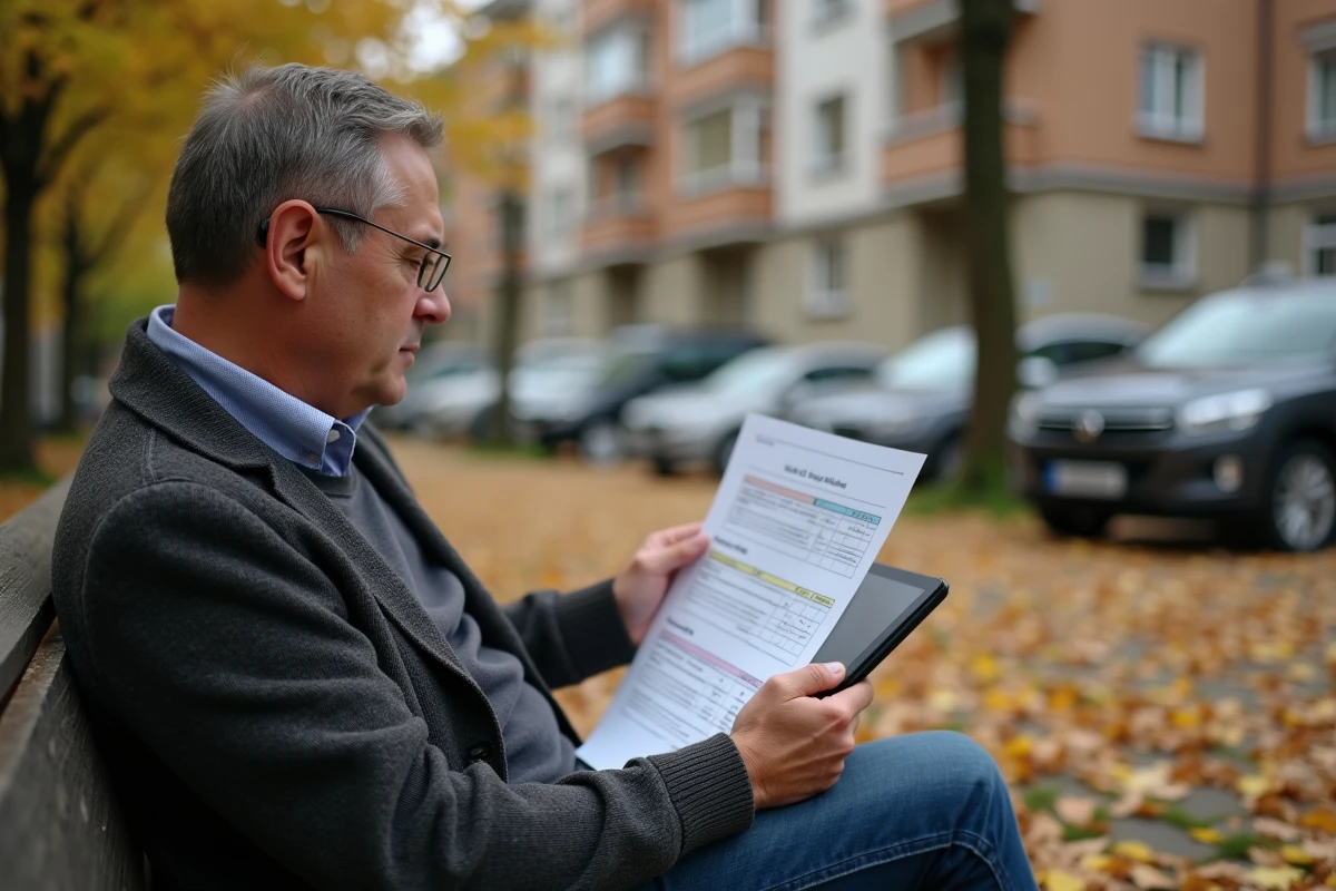 Homme utilisant une tablette dans un parc urbain en automne