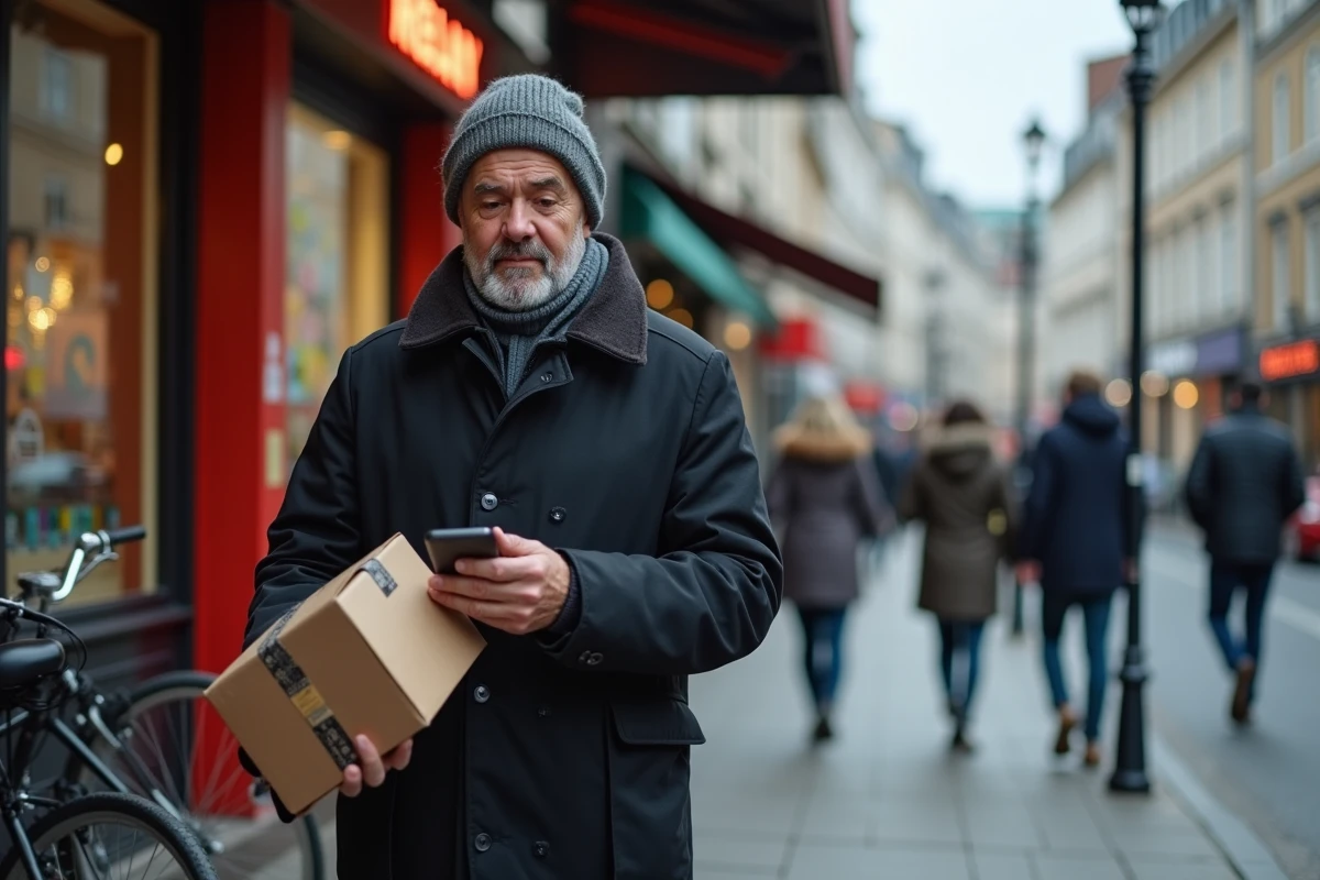 Homme avec colis devant un point Mondial Relay à Lille