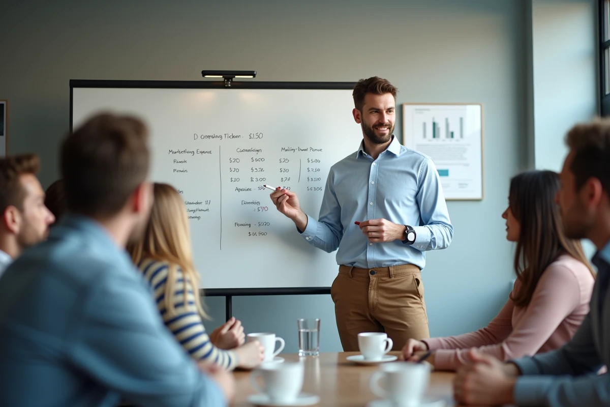 Jeune homme présentant le budget marketing en réunion