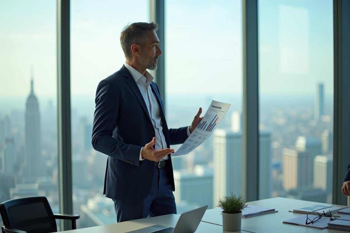 Homme en costume expliquant un rapport marketing dans un bureau
