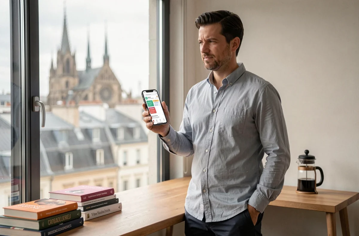 Homme consultant une application de recherche d'emploi multilingue sur smartphone depuis son appartement avec vue sur une ville européenne