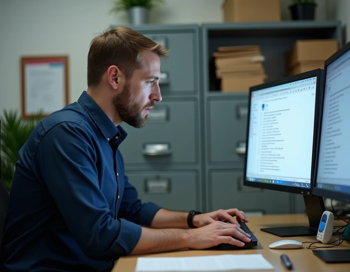Homme en entreprise effectuant une réinitialisation de mot de passe sur un logiciel de gestion de paie depuis un ordinateur de bureau