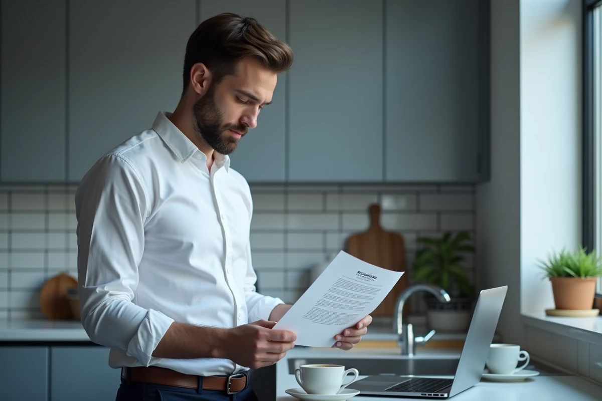 Homme relisant sa lettre de démission dans une cuisine moderne, tenant le document imprimé avec attention avant de quitter son emploi en CDI