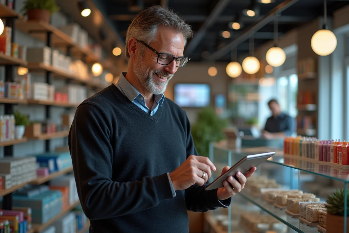 Homme d age moyen vérifiant ses statistiques en boutique