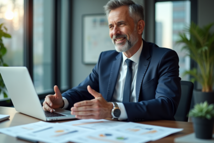 Homme confiant en costume cravate devant son bureau
