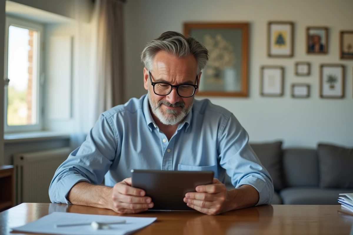Homme utilisant une tablette dans une salle à manger lumineuse