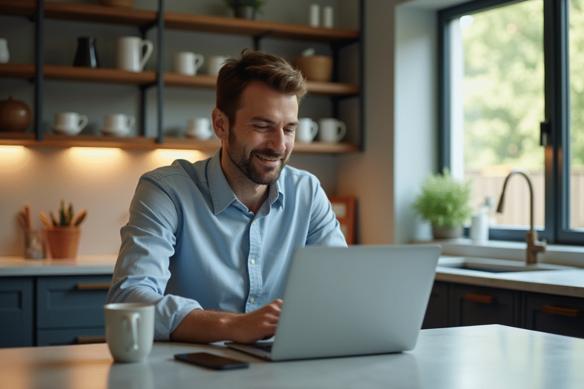 Homme d age moyen travaillant sur son ordinateur dans une cuisine moderne