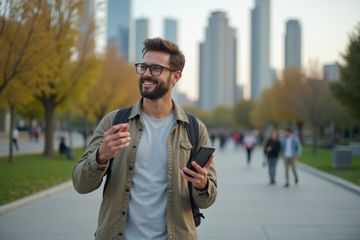 Homme décontracté dans un parc urbain regardant son smartphone