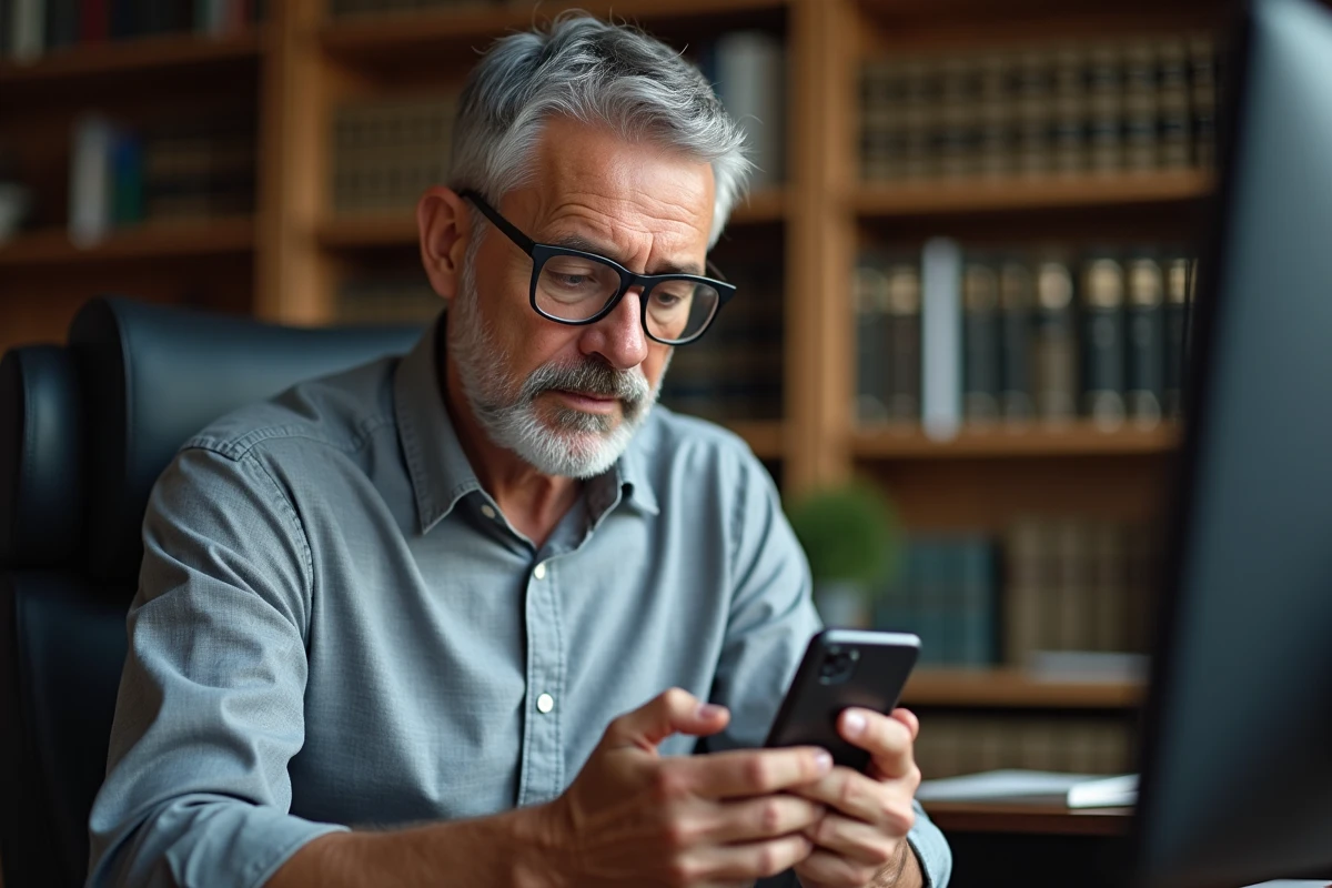 Homme consultant les paramètres de vérification de son compte Terciel sur smartphone dans un bureau à domicile