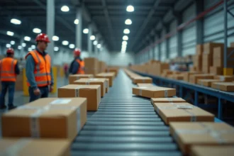 Entrepôt de tri de colis saturé avec tapis roulants chargés de paquets et agents logistiques en gilet orange dans un hub postal