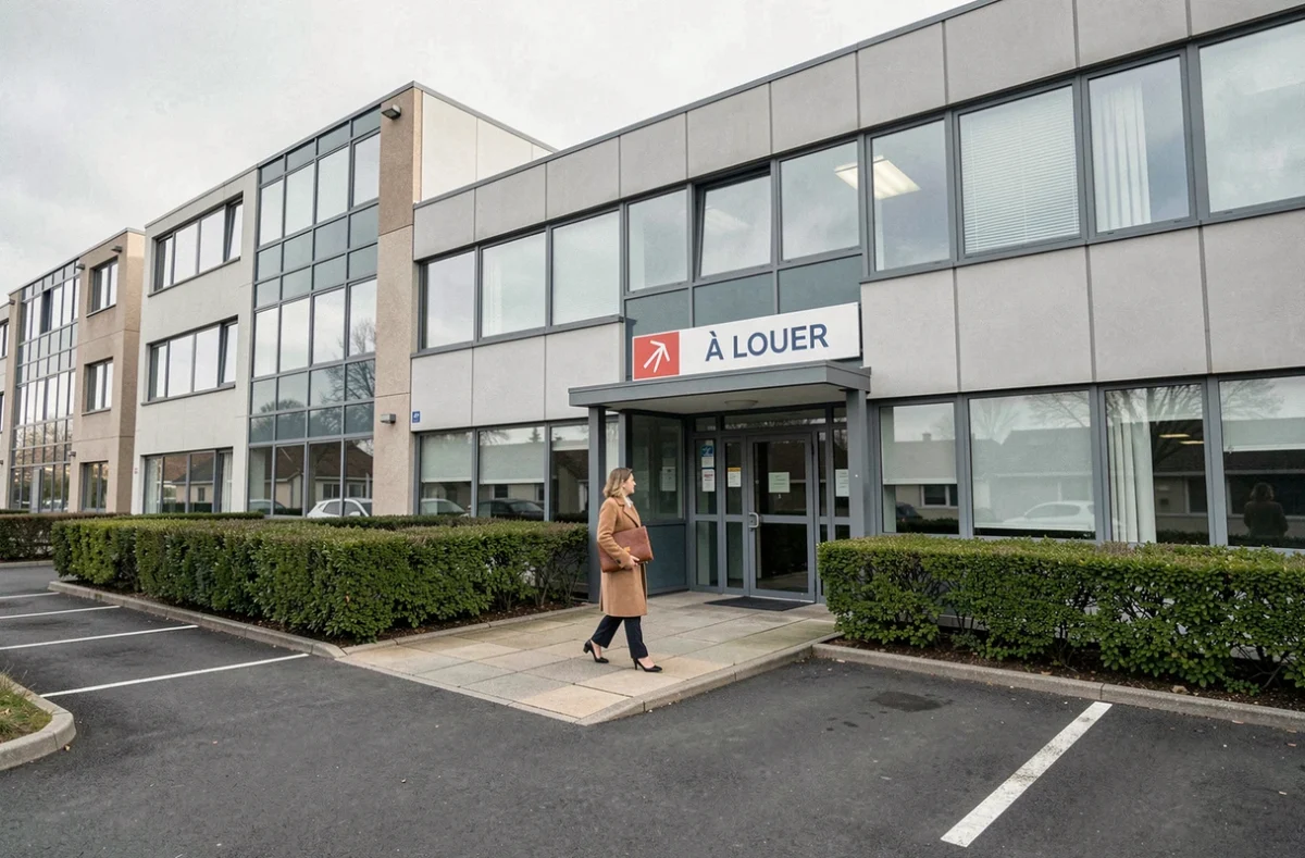 Façade d'un immeuble de bureaux à louer dans une zone d'activités à Aulnay-sous-Bois avec panneau de location