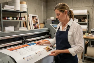 Employée d'imprimerie à Paris 17 inspectant un menu de restaurant imprimé sur une presse grand format en atelier