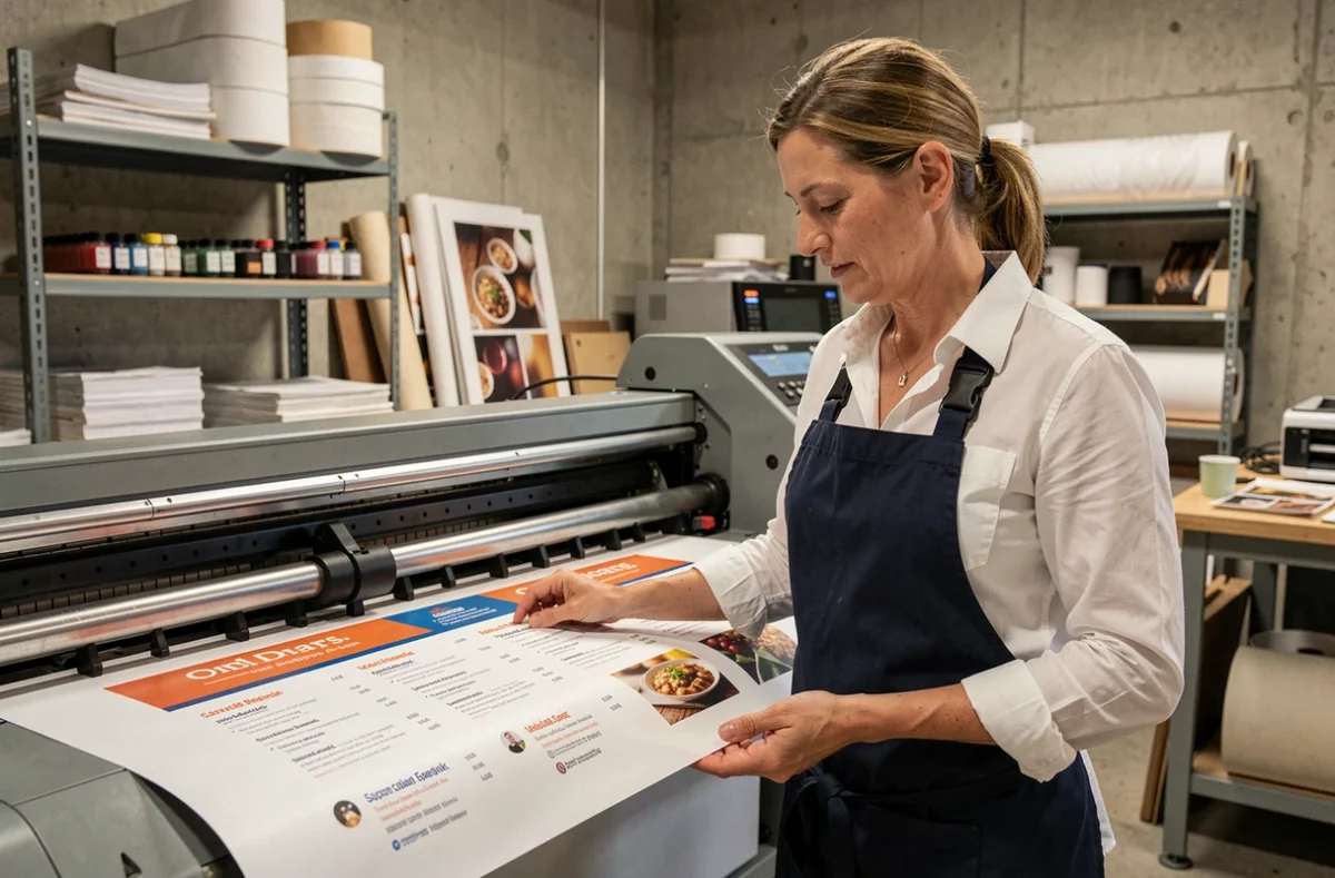 Employée d'imprimerie à Paris 17 inspectant un menu de restaurant imprimé sur une presse grand format en atelier