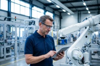 Ingénieur analysant un bras robotique industriel dans une usine moderne pour optimiser la production de son entreprise