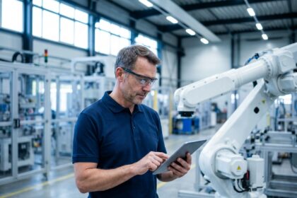 Ingénieur analysant un bras robotique industriel dans une usine moderne pour optimiser la production de son entreprise