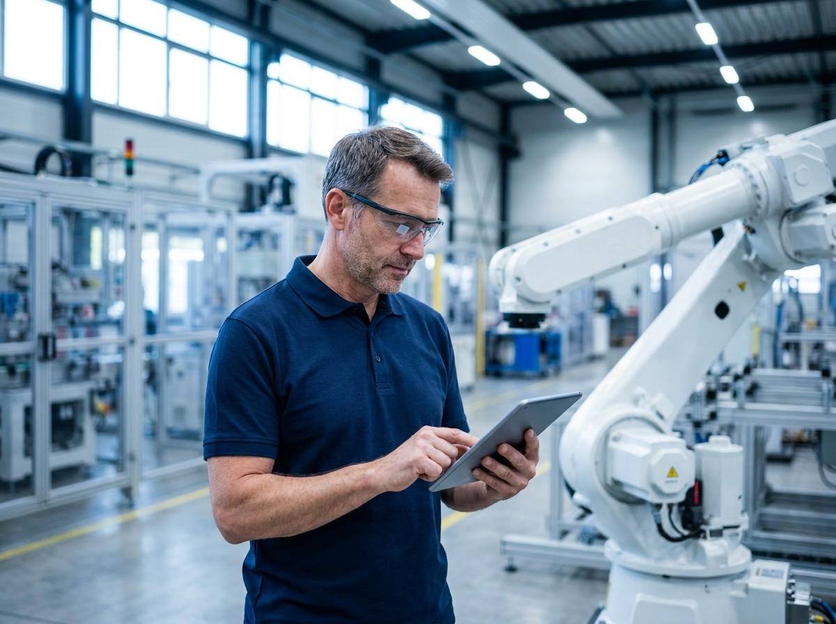 Ingénieur analysant un bras robotique industriel dans une usine moderne pour optimiser la production de son entreprise
