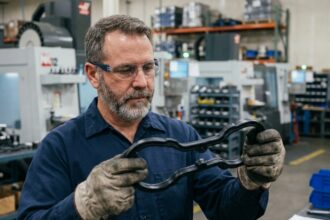 Ingénieur industriel inspectant une pièce en caoutchouc sur mesure dans un atelier de fabrication