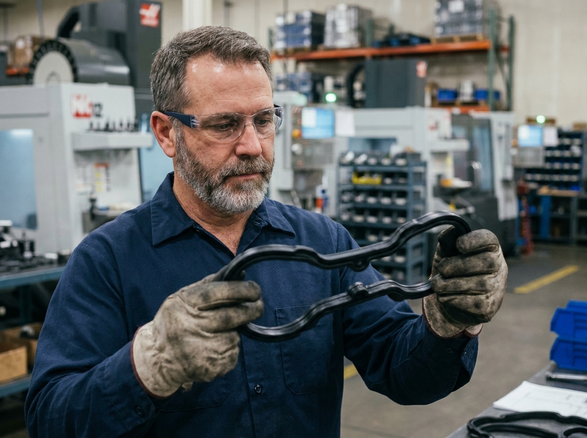 Ingénieur industriel inspectant une pièce en caoutchouc sur mesure dans un atelier de fabrication